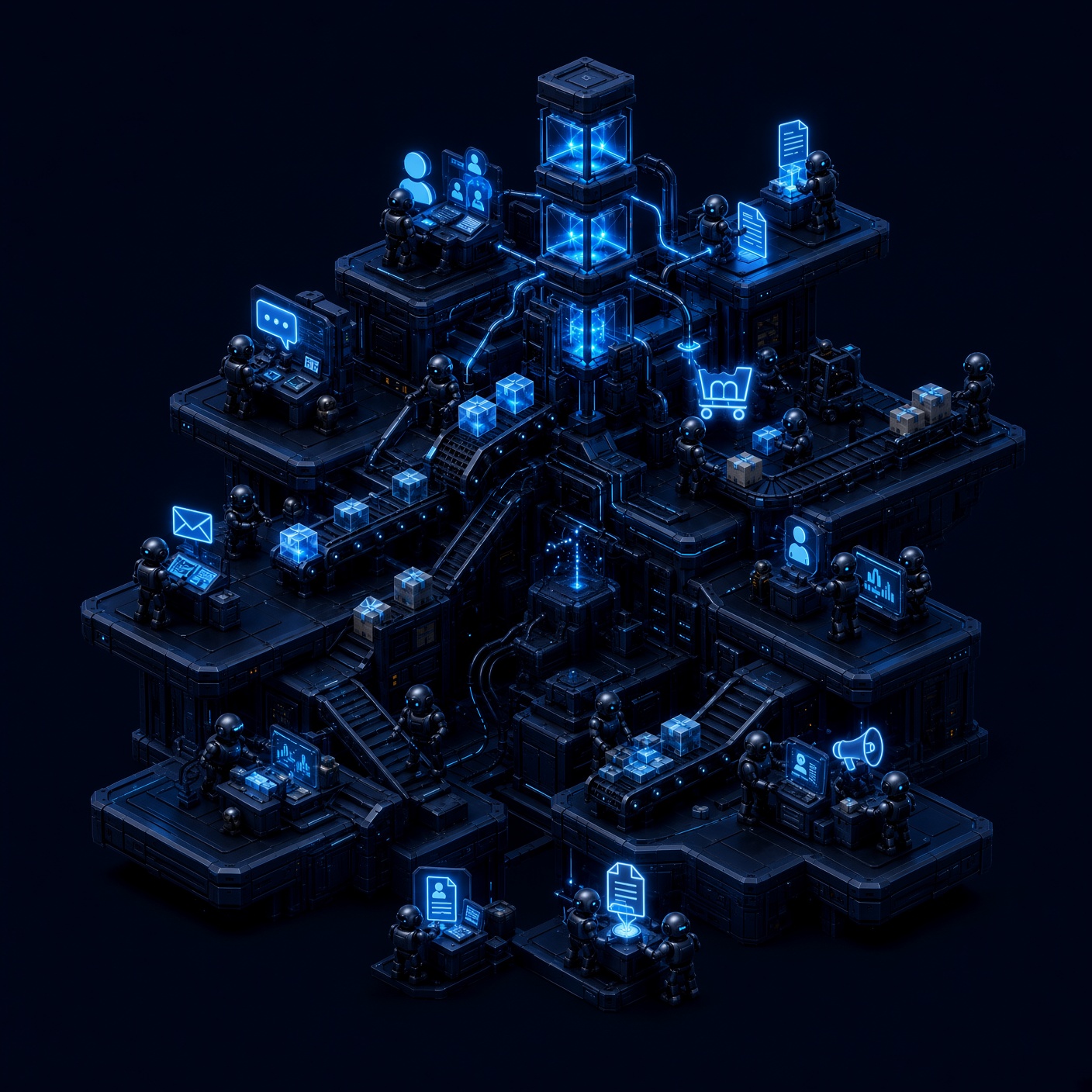 Isometric automation hub with industrial robots at stations for sales, service, finance, e-commerce, and HR