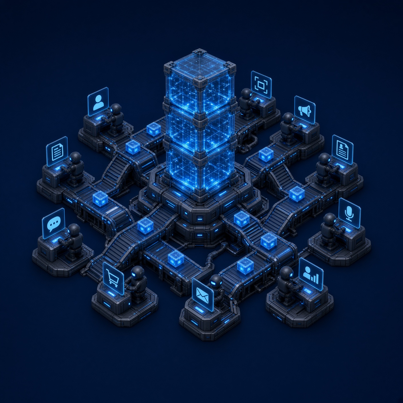 Isometric operations architecture with industrial robots in a blue-lit routing hub